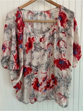 CAbi Red Floral 100% Silk Top size XS